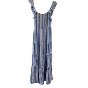 Lark & Grey Excellent Condition Medium Striped Blue Ruffle Tiered Midi Dress